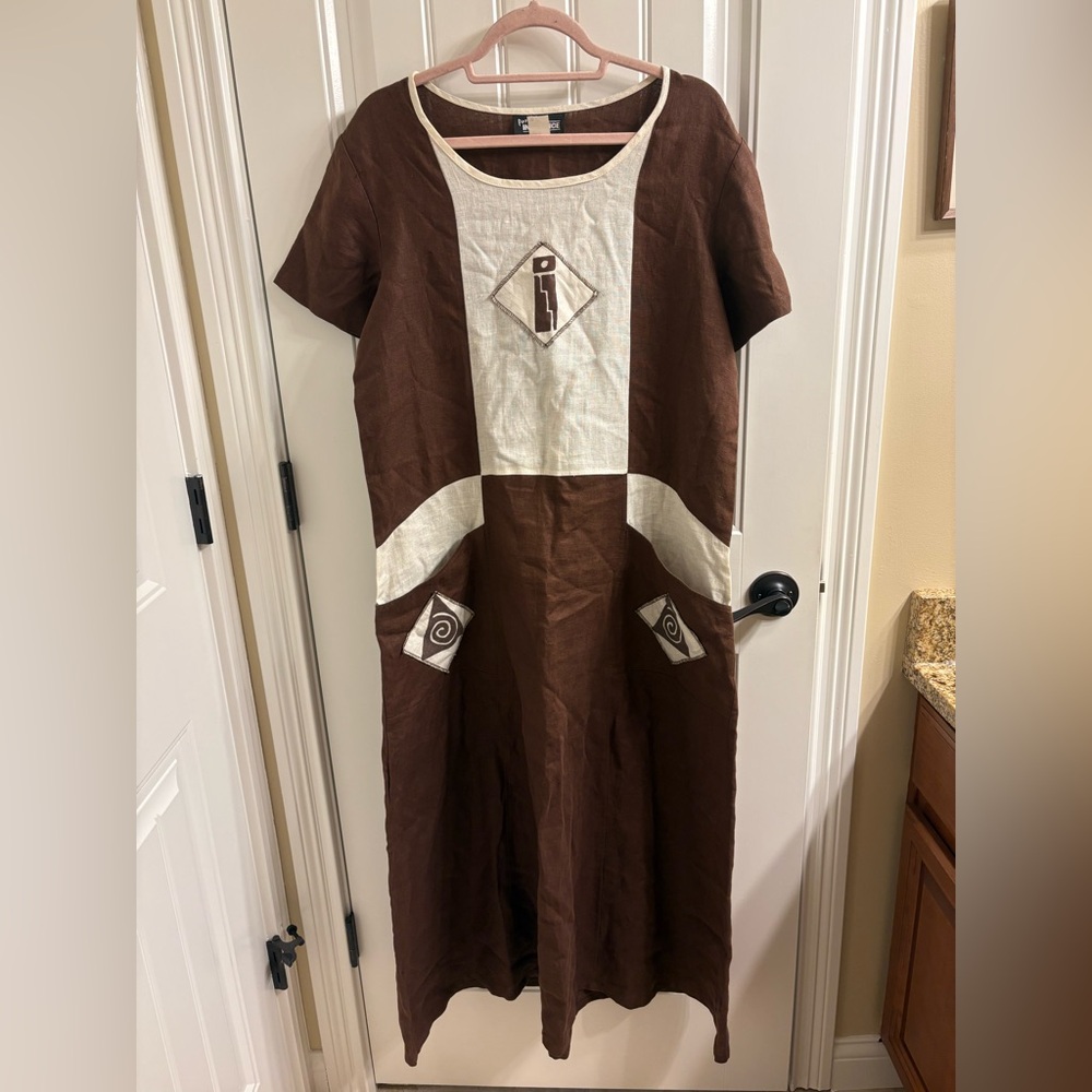 Positive Influence Vintage 80’s Era Linen Midi Dress Brown 12 Langenlook Boho
